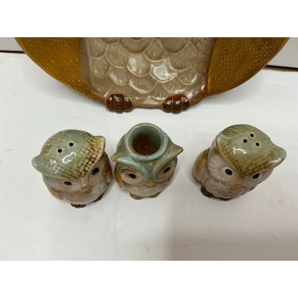 Vintage Owl Serving Bowl‎ Salt Pepper Shaker Toothpick Holder Set Brown Green